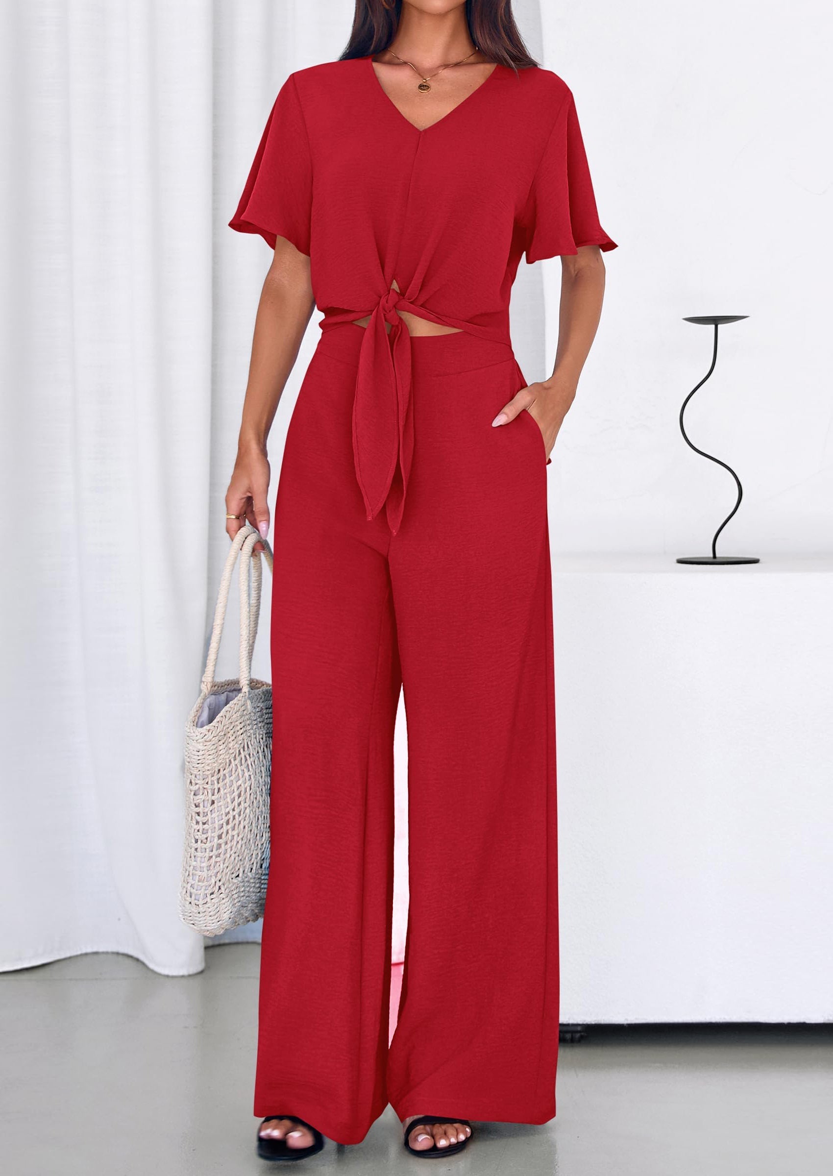 PRETTYGARDEN Women 2 Piece Summer Outfits Short Sleeve Strappy Top Wide Leg Pants Tracksuit Lounge Sets Beach Clothes