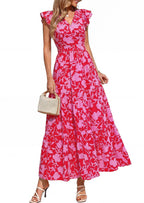 PRETTYGARDEN Womens Summer Maxi Dresses Casual V Neck Ruffle Sleeve Wrap V Neck Floral A Line Flowy Beach Boho Dress
