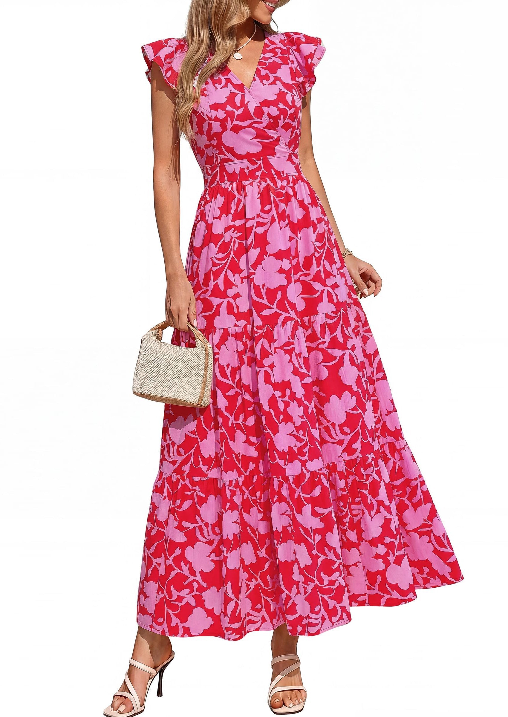 PRETTYGARDEN Womens Summer Maxi Dresses Casual V Neck Ruffle Sleeve Wrap V Neck Floral A Line Flowy Beach Boho Dress