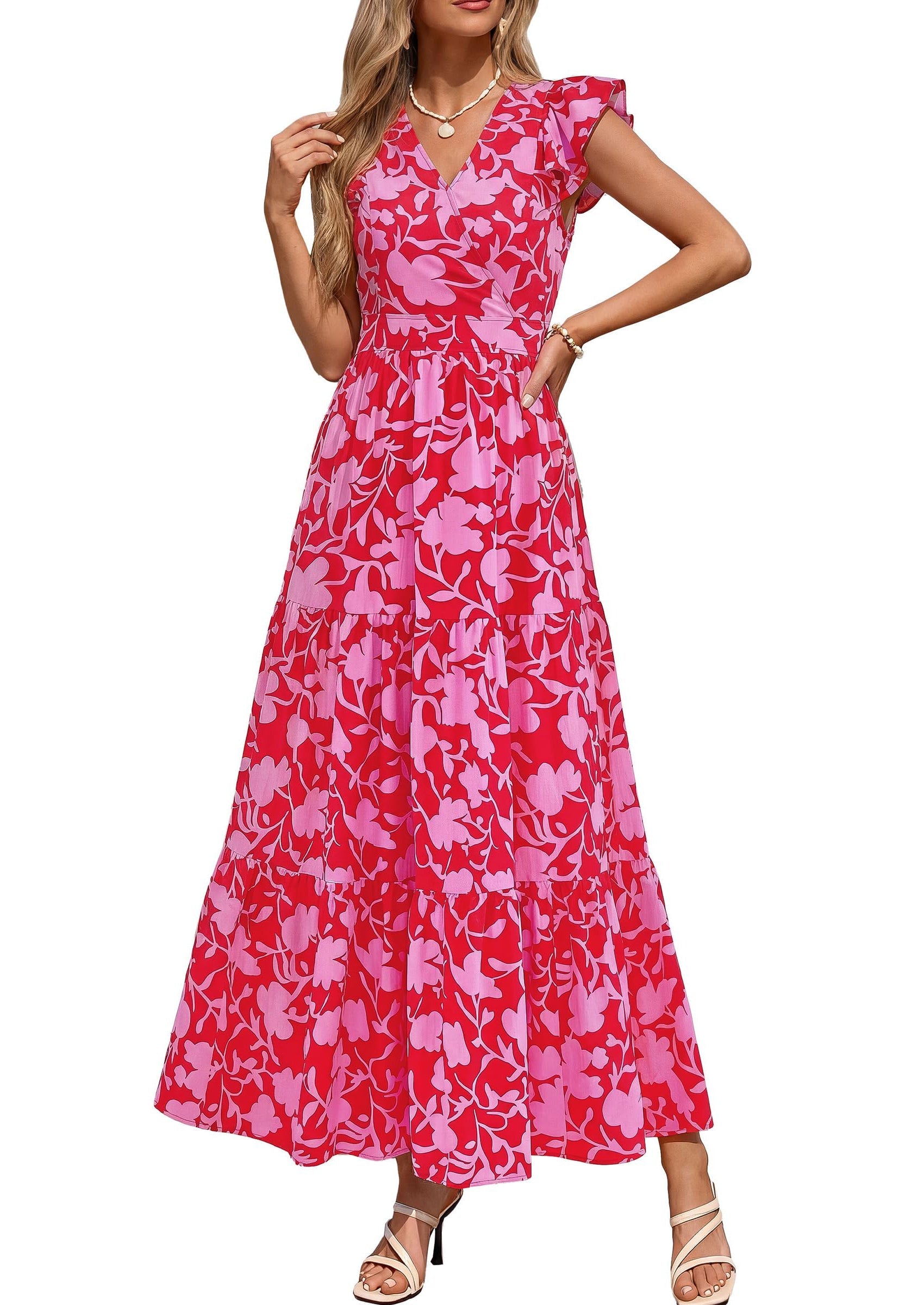 PRETTYGARDEN Womens Summer Maxi Dresses Casual V Neck Ruffle Sleeve Wrap V Neck Floral A Line Flowy Beach Boho Dress