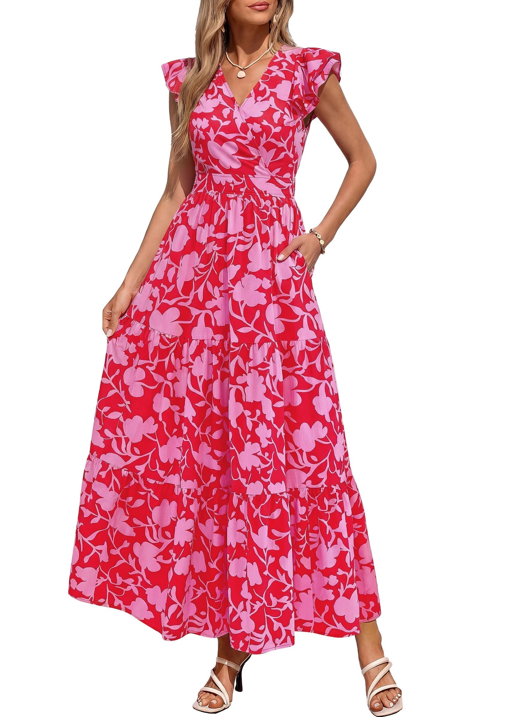 PRETTYGARDEN Womens Summer Maxi Dresses Casual V Neck Ruffle Sleeve Wrap V Neck Floral A Line Flowy Beach Boho Dress