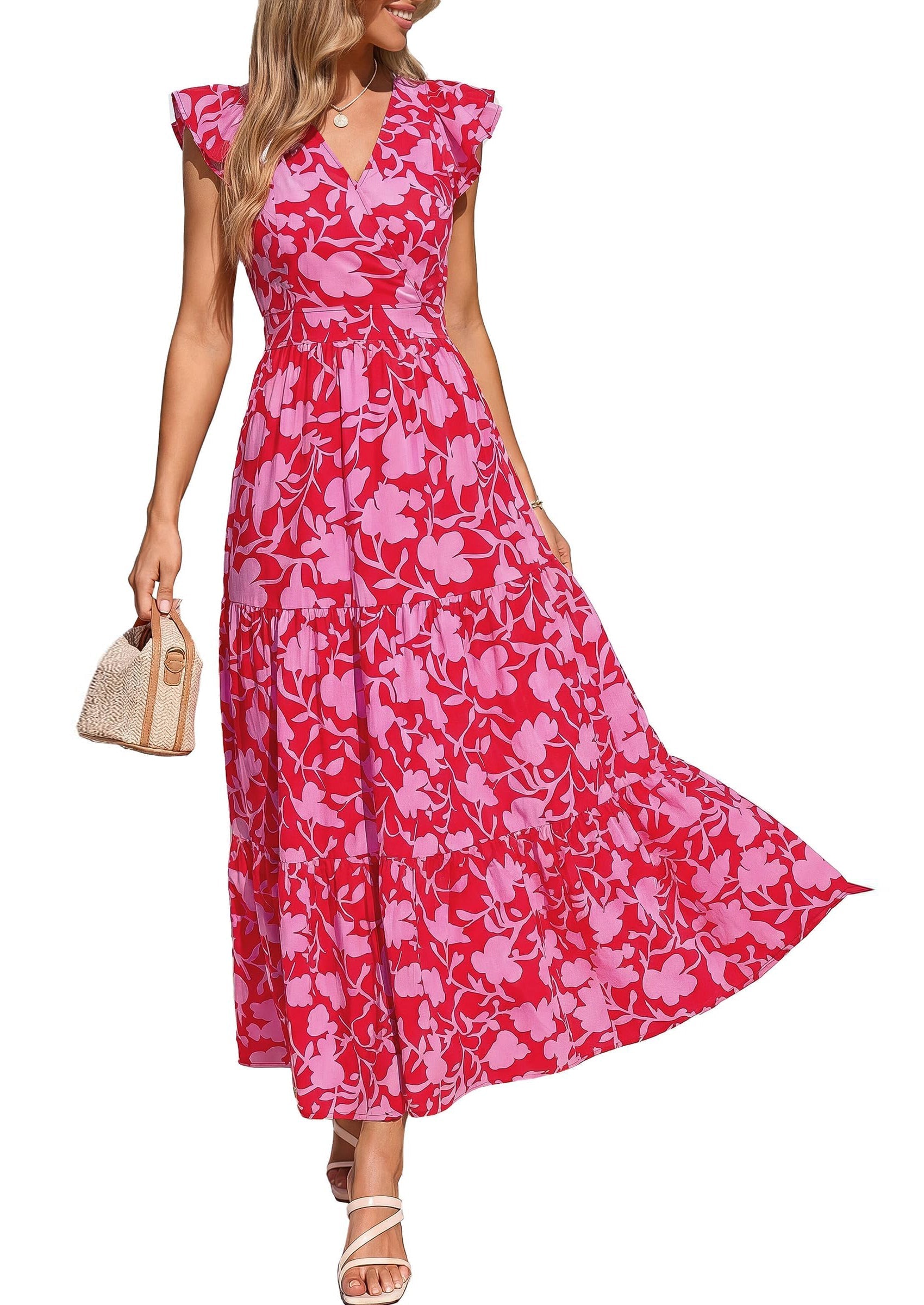 PRETTYGARDEN Womens Summer Maxi Dresses Casual V Neck Ruffle Sleeve Wrap V Neck Floral A Line Flowy Beach Boho Dress