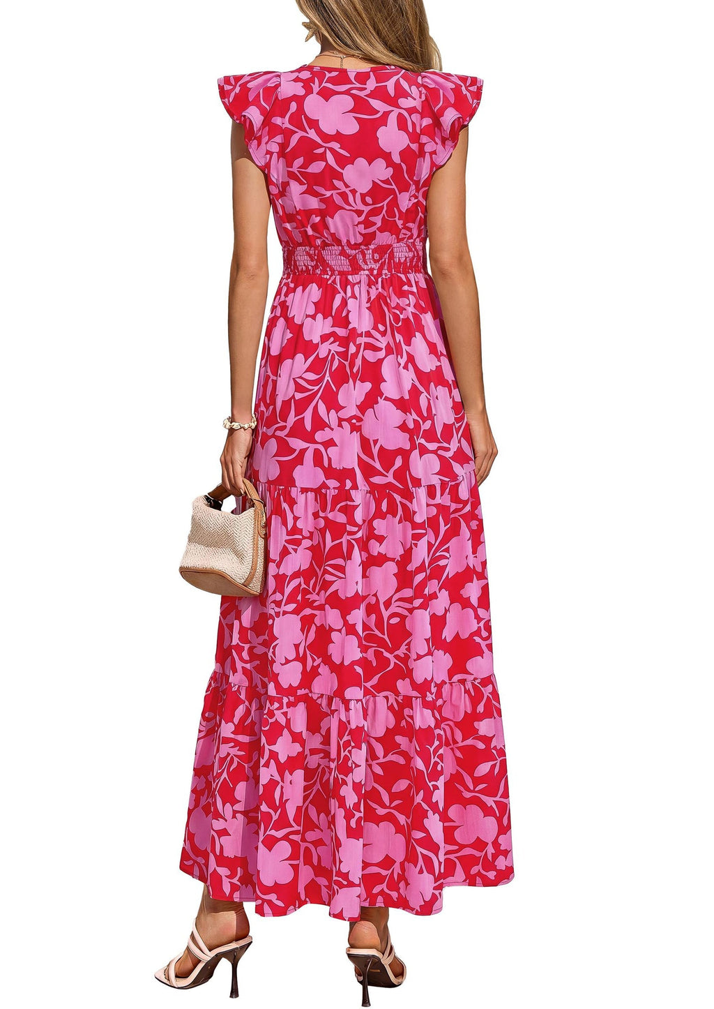PRETTYGARDEN Womens Summer Maxi Dresses Casual V Neck Ruffle Sleeve Wrap V Neck Floral A Line Flowy Beach Boho Dress