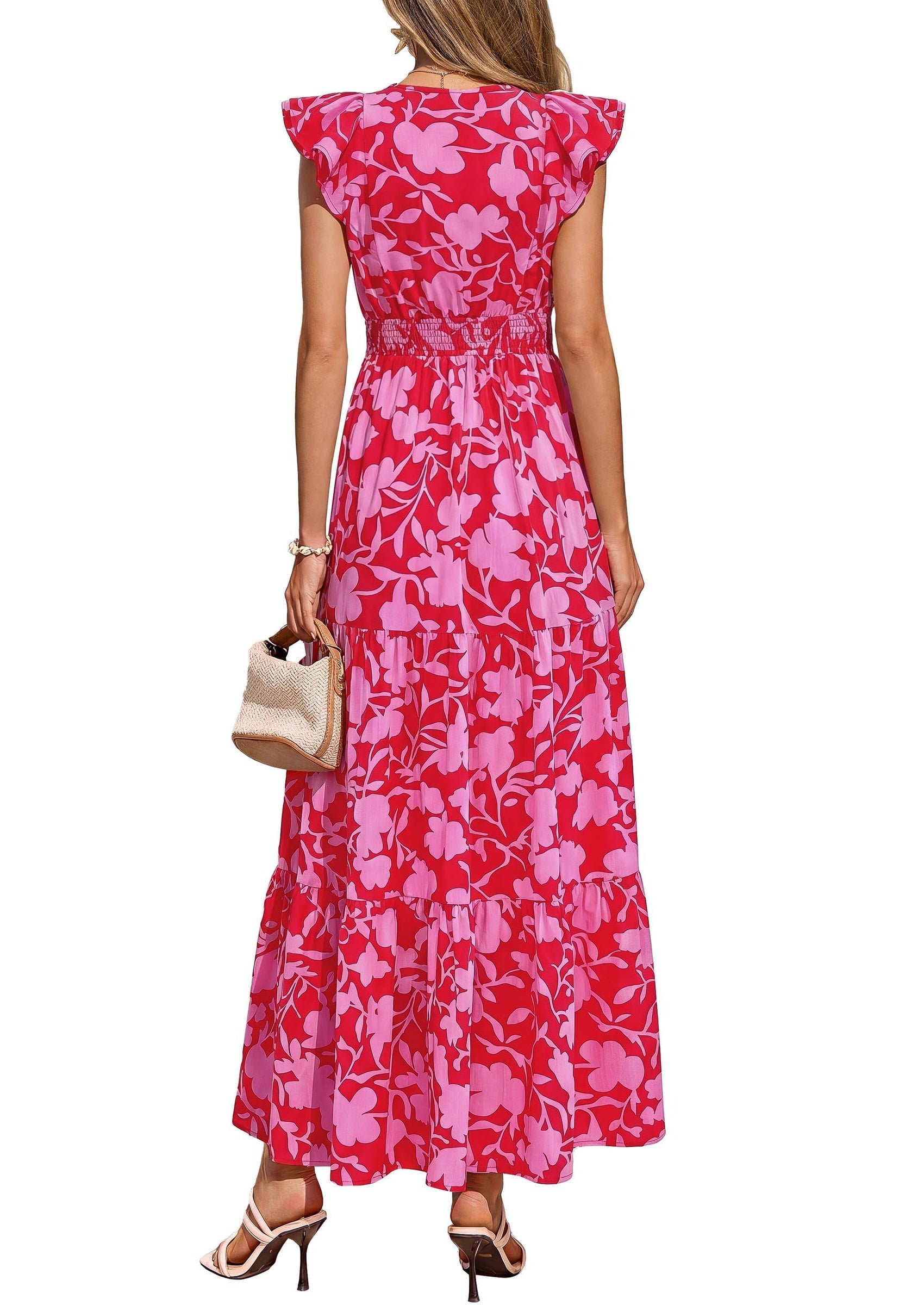 PRETTYGARDEN Womens Summer Maxi Dresses Casual V Neck Ruffle Sleeve Wrap V Neck Floral A Line Flowy Beach Boho Dress