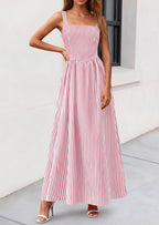 PRETTYGARDEN Women's Maxi Striped Dress Summer Sleeveless Square Neck Smocked A Line Long Flowy Spring Vacation Sundress