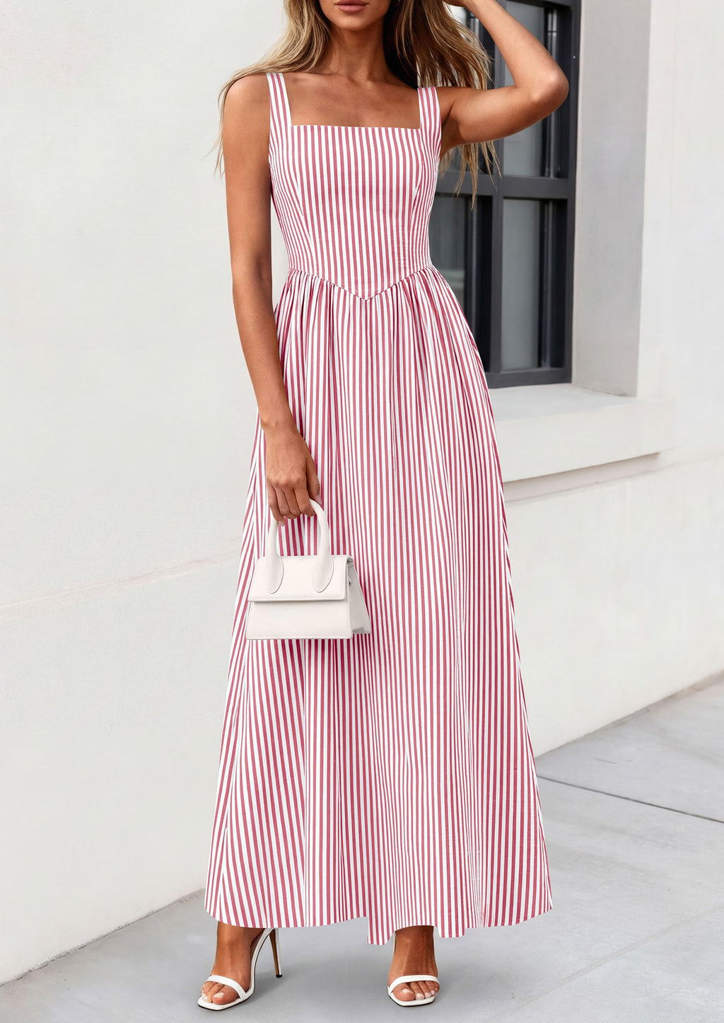 PRETTYGARDEN Women's Maxi Striped Dress Summer Sleeveless Square Neck Smocked A Line Long Flowy Spring Vacation Sundress