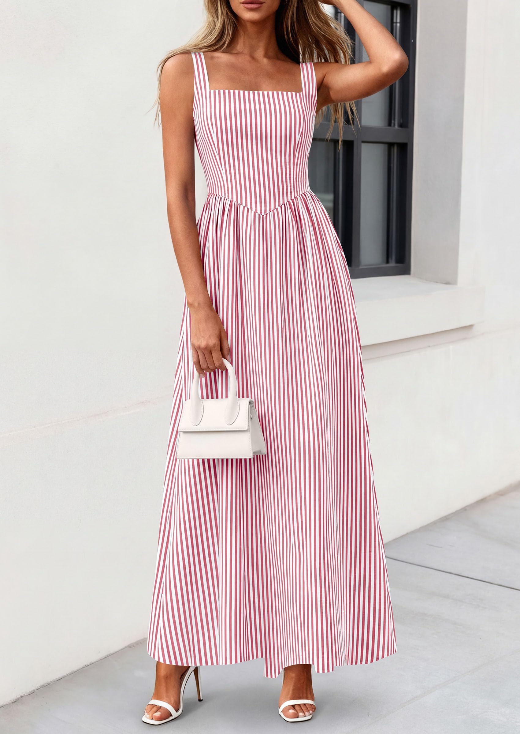 PRETTYGARDEN Women's Maxi Striped Dress Summer Sleeveless Square Neck Smocked A Line Long Flowy Spring Vacation Sundress