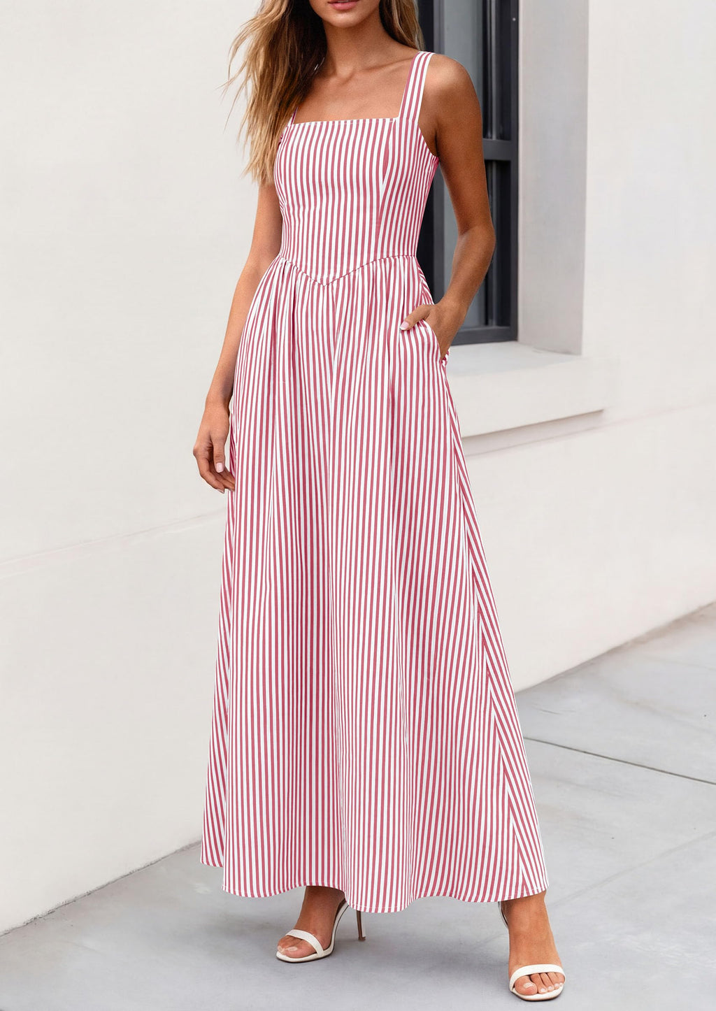 PRETTYGARDEN Women's Maxi Striped Dress Summer Sleeveless Square Neck Smocked A Line Long Flowy Spring Vacation Sundress