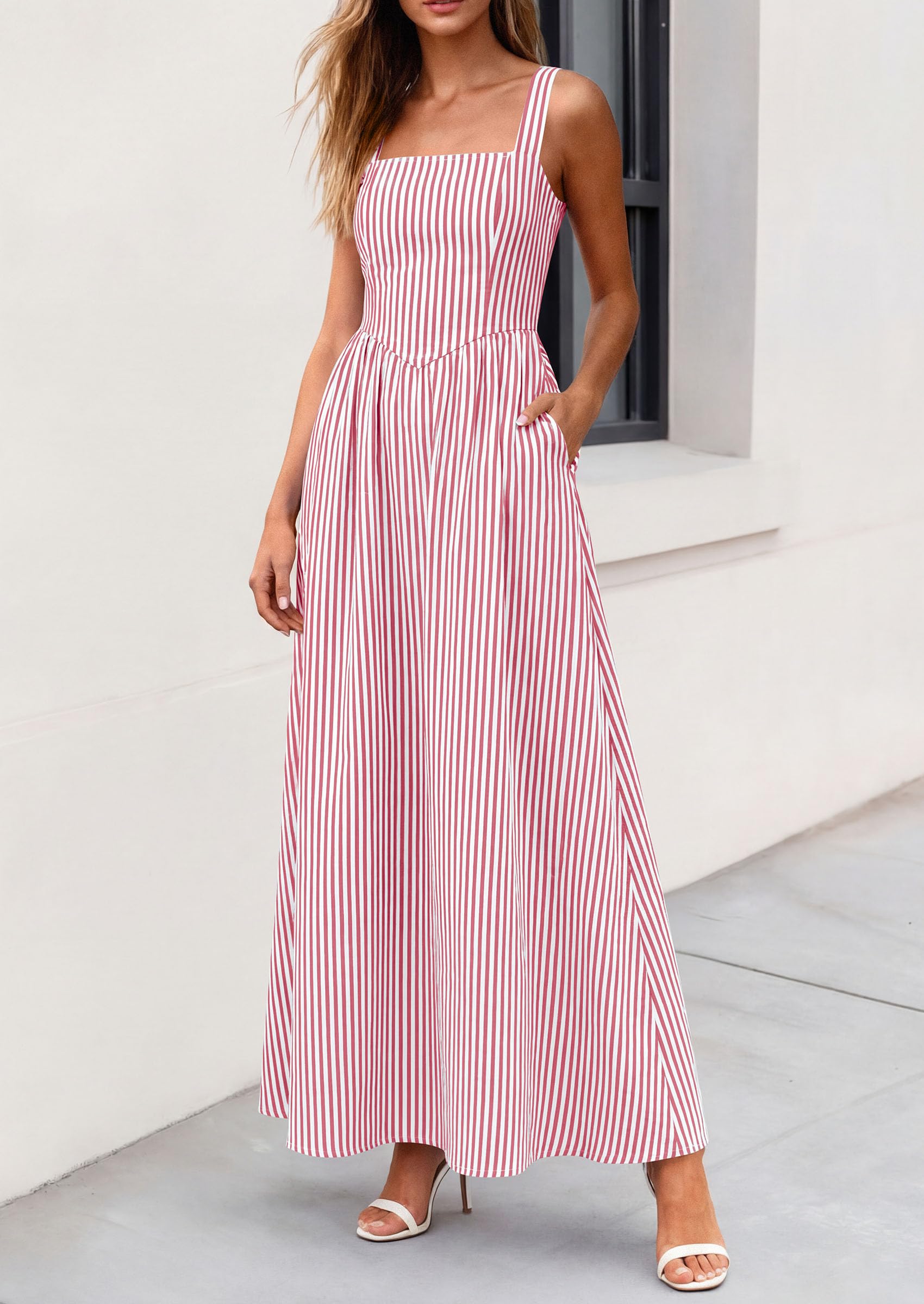 PRETTYGARDEN Women's Maxi Striped Dress Summer Sleeveless Square Neck Smocked A Line Long Flowy Spring Vacation Sundress