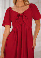 PRETTYGARDEN Summer Dress for Women Casual Short Sleeve Bow Tie V Neck Ruffle Midi Flowy Dresses