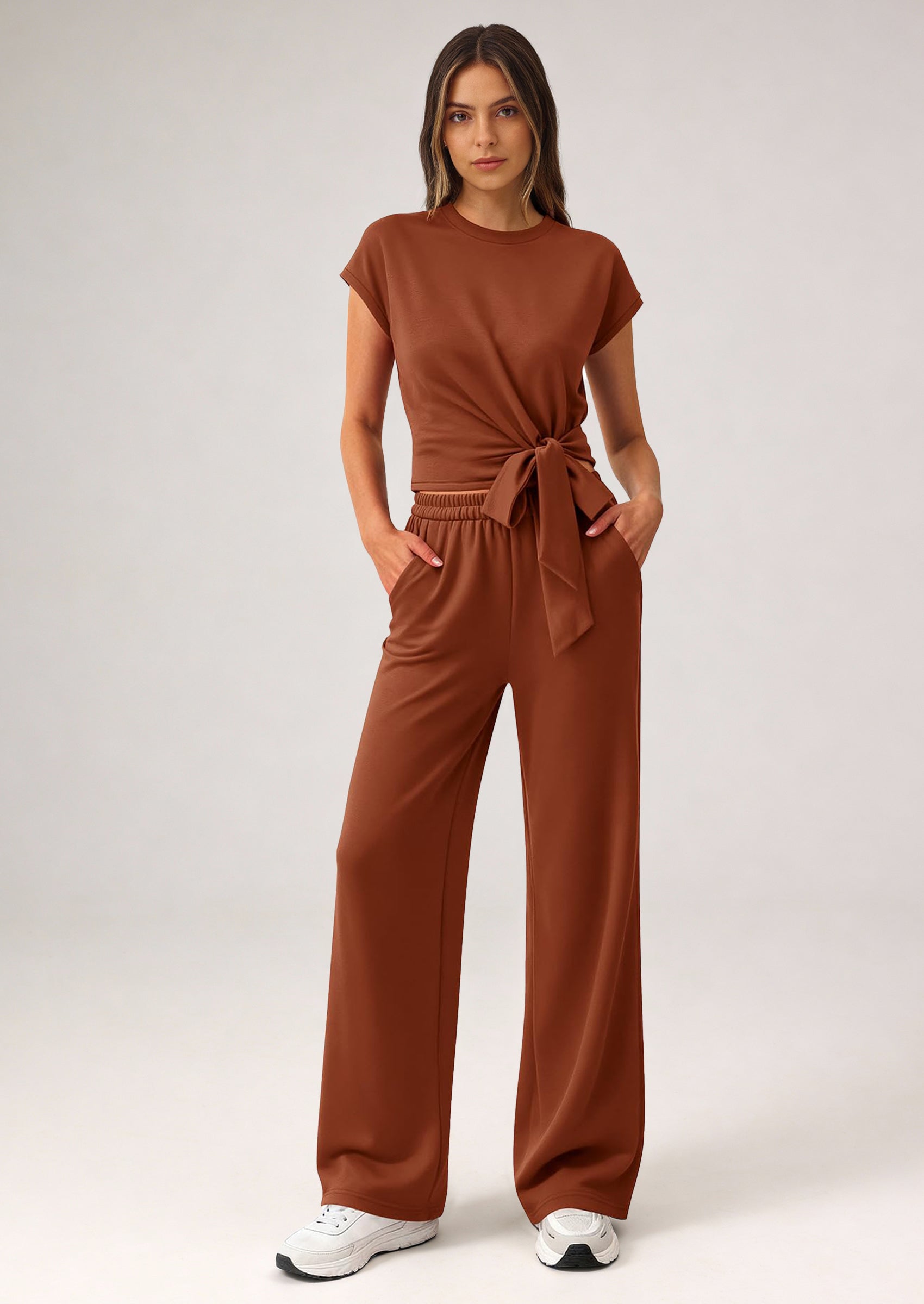 PRETTYGARDEN 2 Piece Matching Lounge Sets For Women Summer Short Sleeve Tie Front Crop Tops Casual Wide Leg Pants Tracksuit
