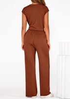 PRETTYGARDEN 2 Piece Matching Lounge Sets For Women Summer Short Sleeve Tie Front Crop Tops Casual Wide Leg Pants Tracksuit