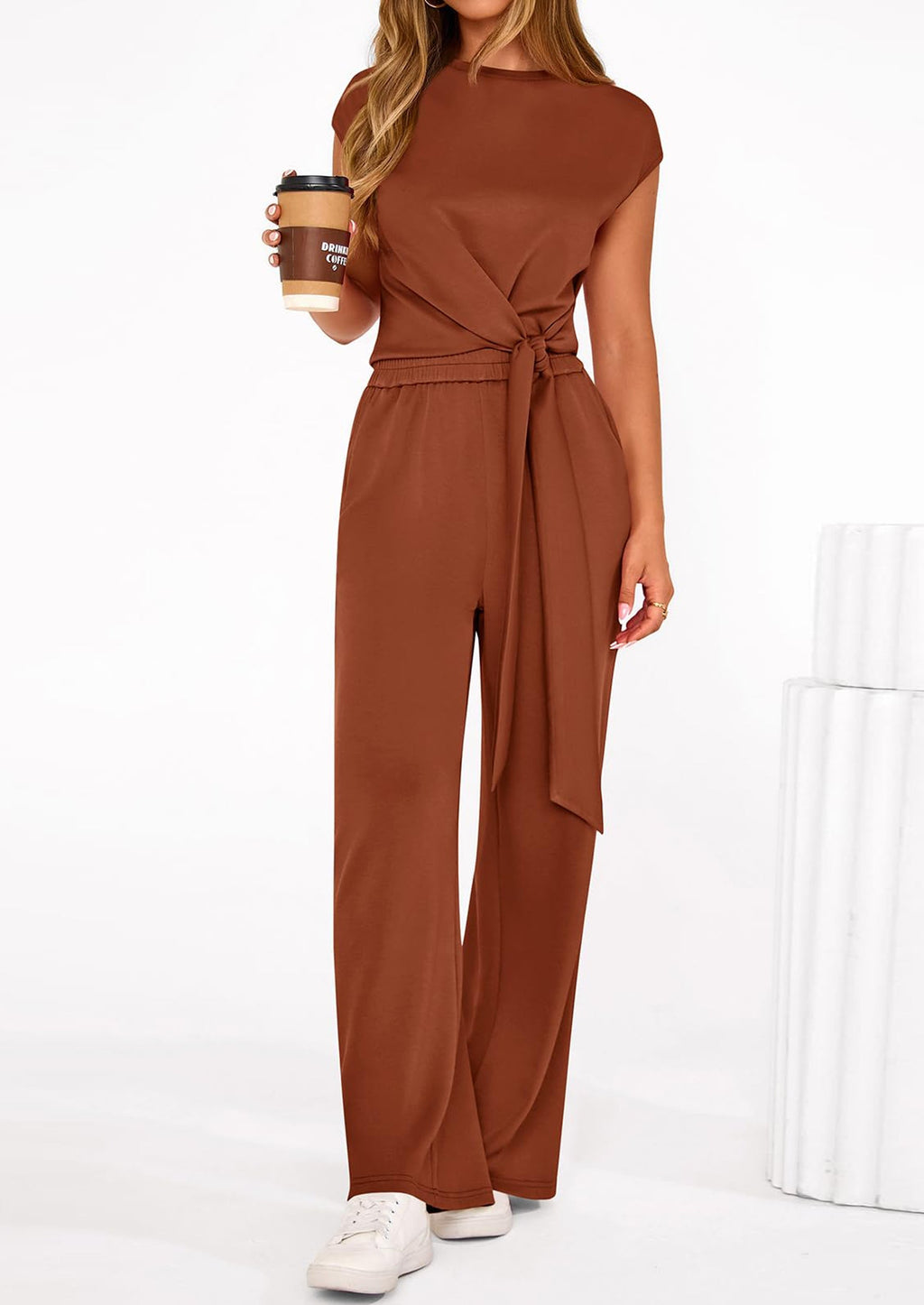 PRETTYGARDEN 2 Piece Matching Lounge Sets For Women Summer Short Sleeve Tie Front Crop Tops Casual Wide Leg Pants Tracksuit