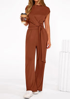 PRETTYGARDEN 2 Piece Matching Lounge Sets For Women Summer Short Sleeve Tie Front Crop Tops Casual Wide Leg Pants Tracksuit