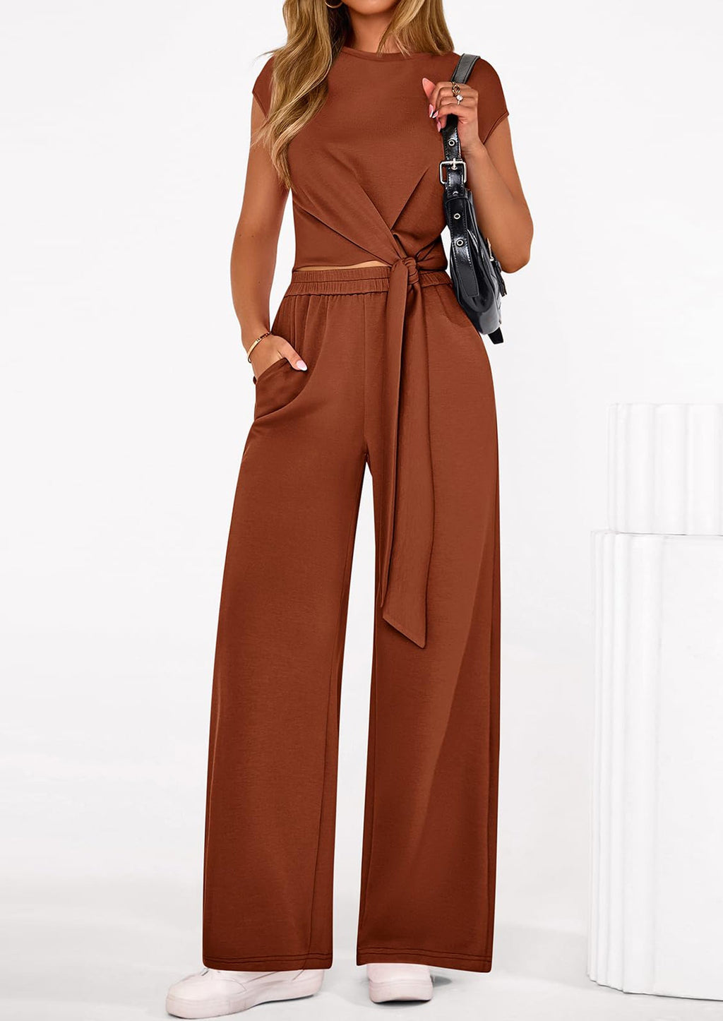 PRETTYGARDEN 2 Piece Matching Lounge Sets For Women Summer Short Sleeve Tie Front Crop Tops Casual Wide Leg Pants Tracksuit