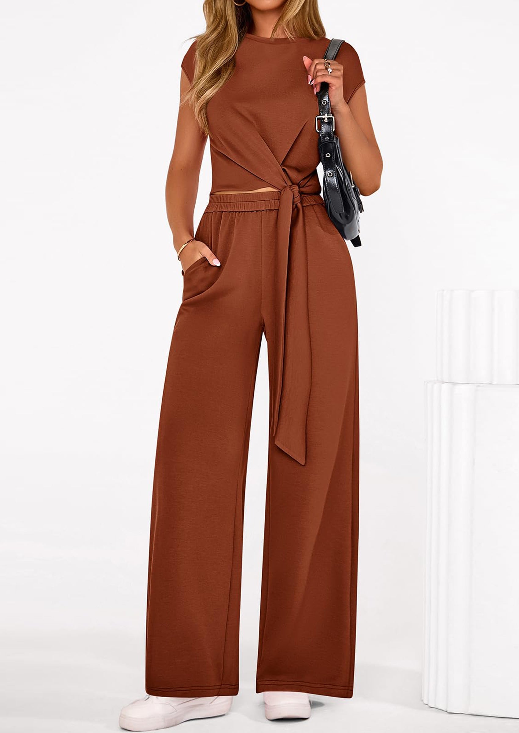 PRETTYGARDEN 2 Piece Matching Lounge Sets For Women Summer Short Sleeve Tie Front Crop Tops Casual Wide Leg Pants Tracksuit
