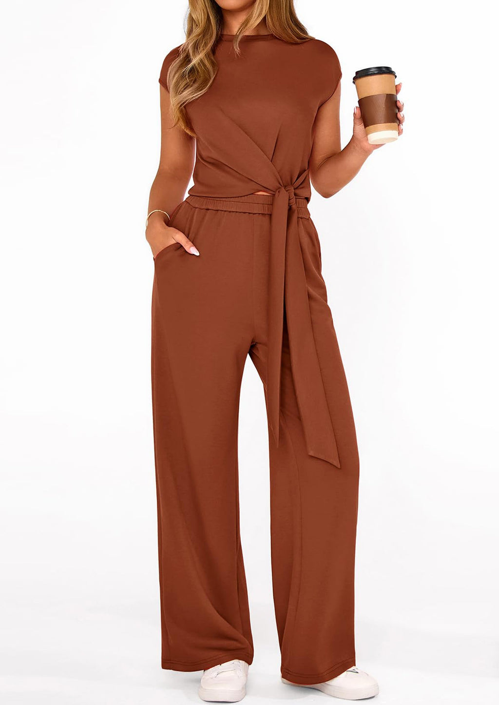 PRETTYGARDEN 2 Piece Matching Lounge Sets For Women Summer Short Sleeve Tie Front Crop Tops Casual Wide Leg Pants Tracksuit