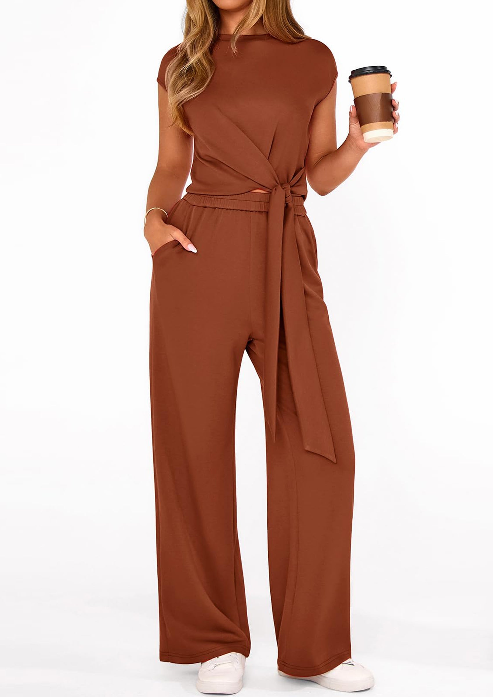 PRETTYGARDEN 2 Piece Matching Lounge Sets For Women Summer Short Sleeve Tie Front Crop Tops Casual Wide Leg Pants Tracksuit