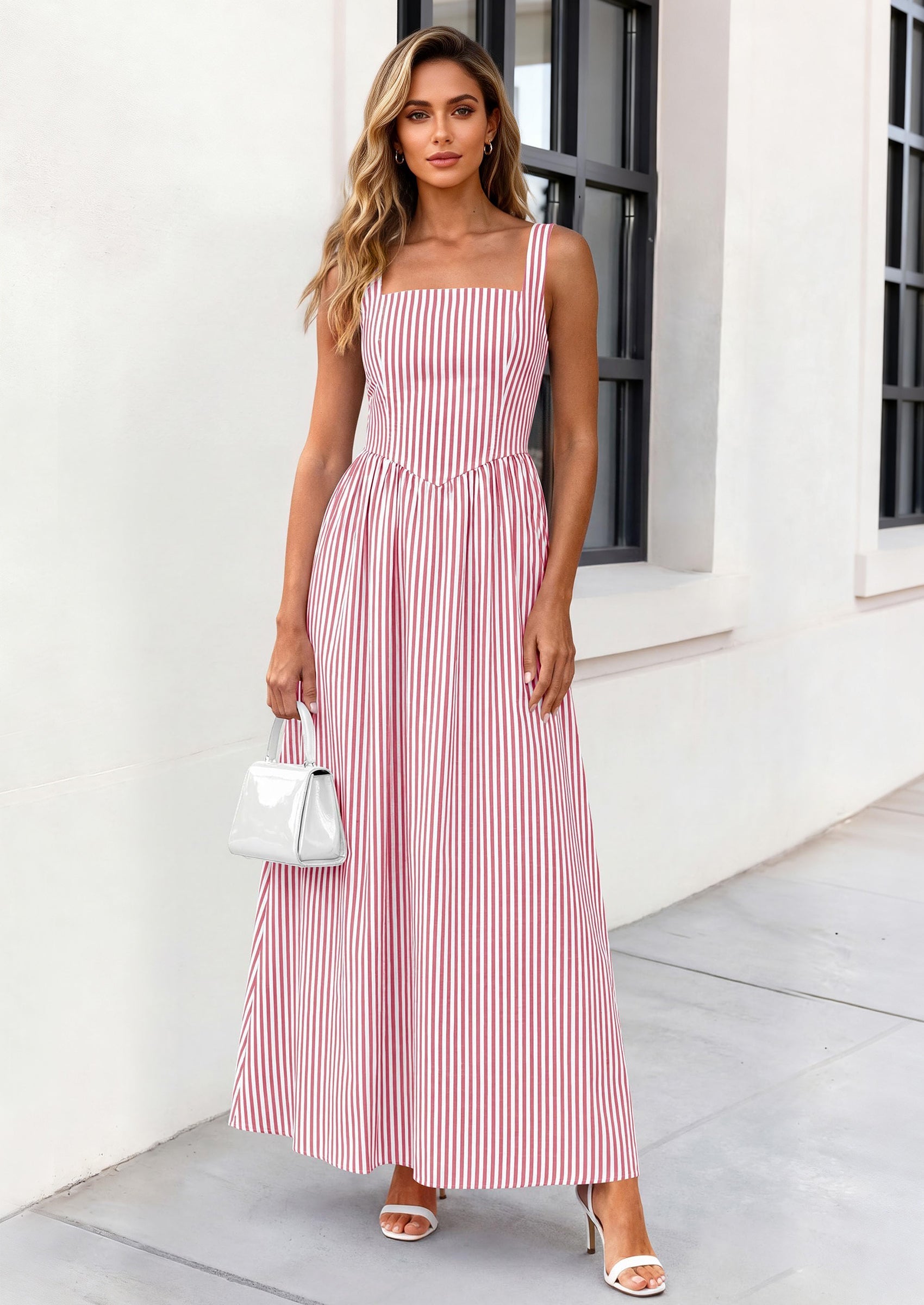 PRETTYGARDEN Women's Maxi Striped Dress Summer Sleeveless Square Neck Smocked A Line Long Flowy Spring Vacation Sundress