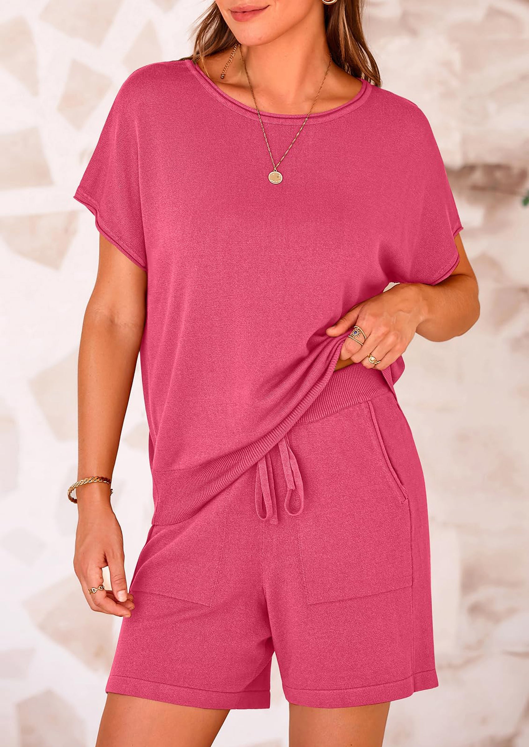PRETTYGARDEN Two Piece Set for Women Summer Lounge Sets Shorts And Short Sleeve Tops Knitted Matching Travel Spring Outfits