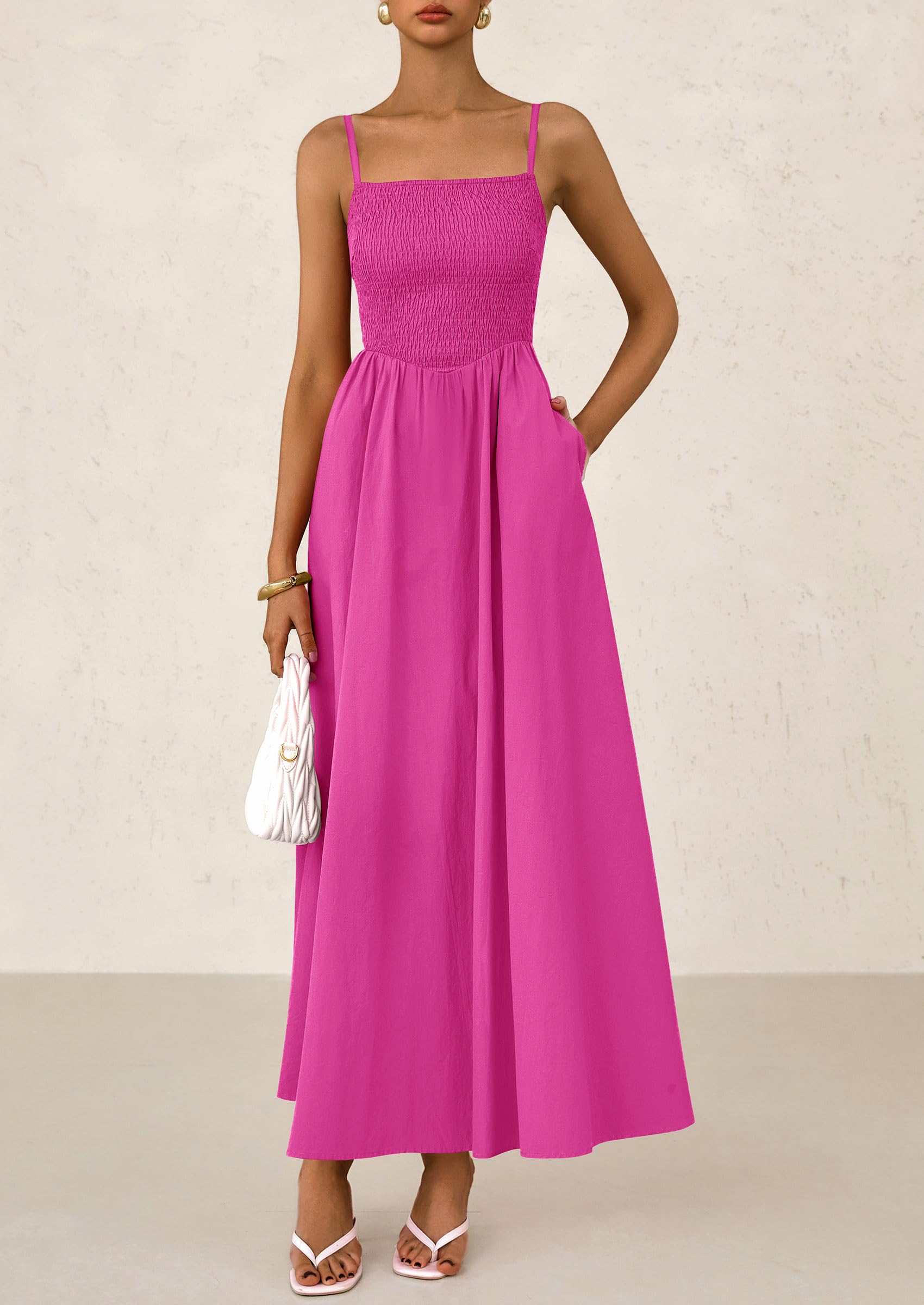PRETTYGARDEN Women's Smocked Maxi Dresses Beach Sundress Casual Spaghetti Strap Swing A Line Long Flowy Dress