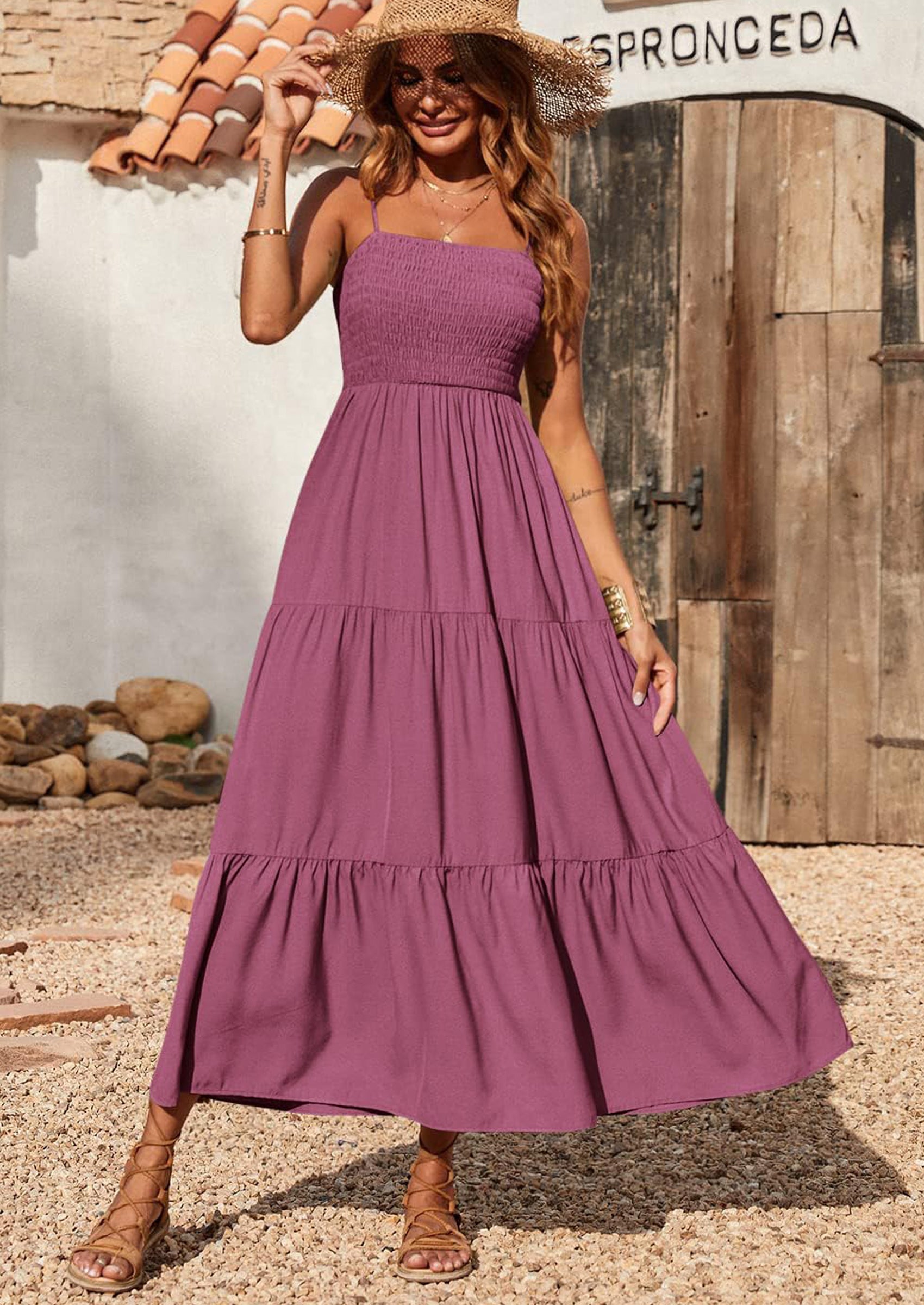 PRETTYGARDEN Women's Summer Maxi Dress Casual Boho Sleeveless Spaghetti Strap Smocked Tiered Long Beach Sundresses
