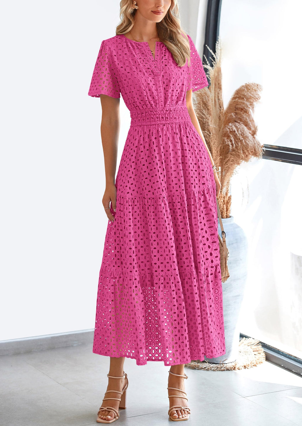 PRETTYGARDEN Womens Maxi Dress Short Sleeve V Neck Hollow Out Eyelet A Line Long Flowy Beach Vacation Dresses