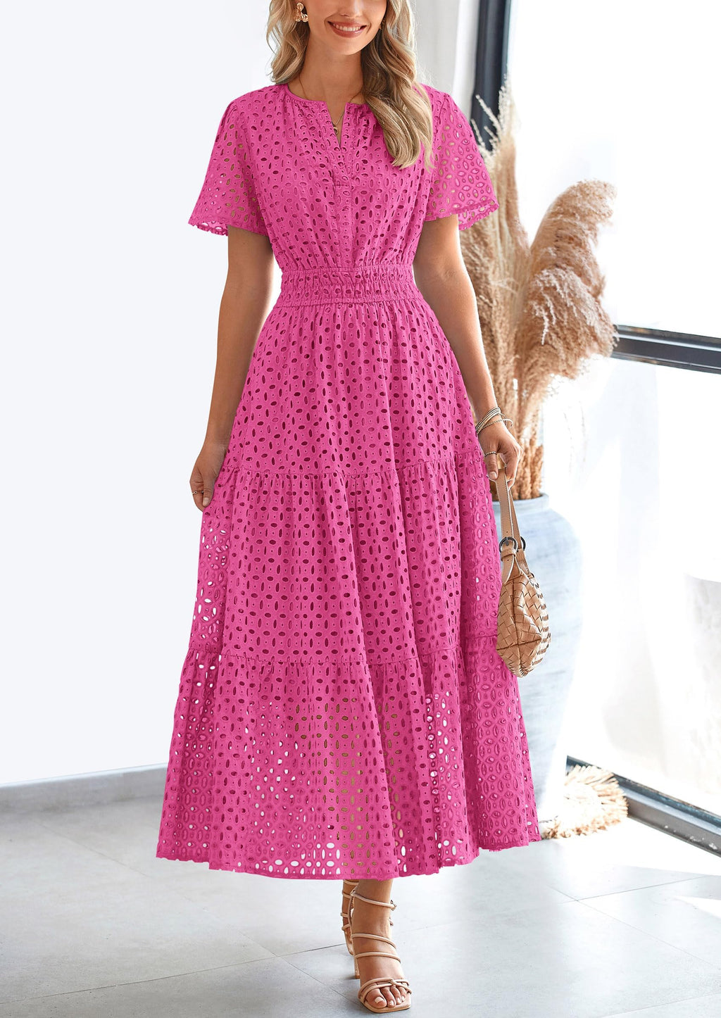 PRETTYGARDEN Womens Maxi Dress Short Sleeve V Neck Hollow Out Eyelet A Line Long Flowy Beach Vacation Dresses