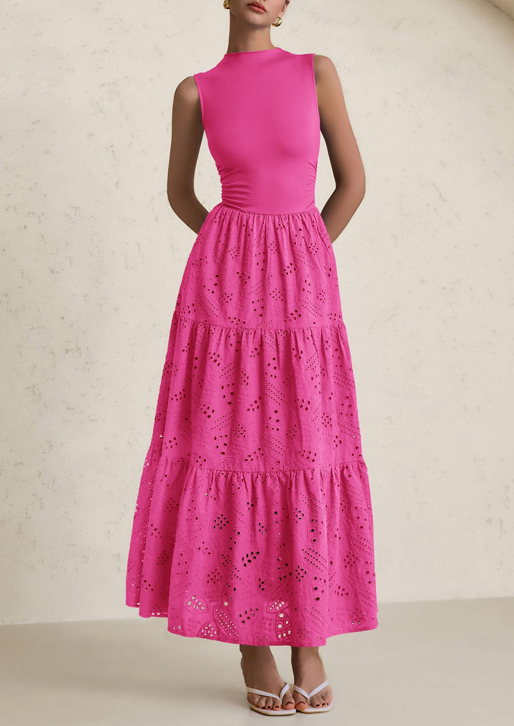 PRETTYGARDEN Dresses for Women Casual Eyelet Sleeveless Wedding Guest Maxi Dress Tank Top Sundress with Pockets