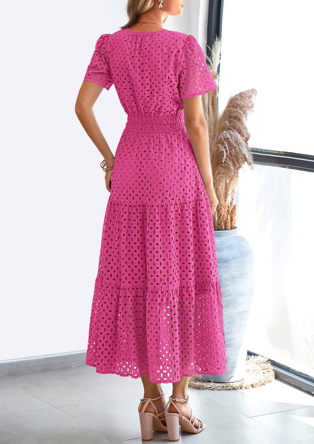 PRETTYGARDEN Womens Maxi Dress Short Sleeve V Neck Hollow Out Eyelet A Line Long Flowy Beach Vacation Dresses