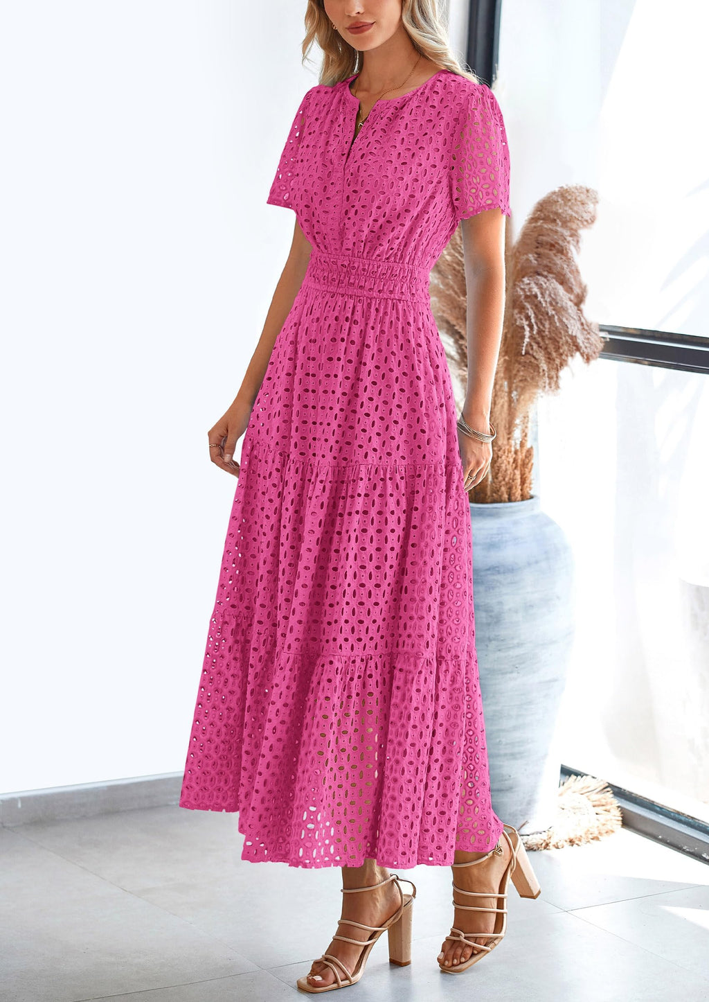 PRETTYGARDEN Womens Maxi Dress Short Sleeve V Neck Hollow Out Eyelet A Line Long Flowy Beach Vacation Dresses
