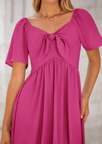 PRETTYGARDEN Summer Dress for Women Casual Short Sleeve Bow Tie V Neck Ruffle Midi Flowy Dresses