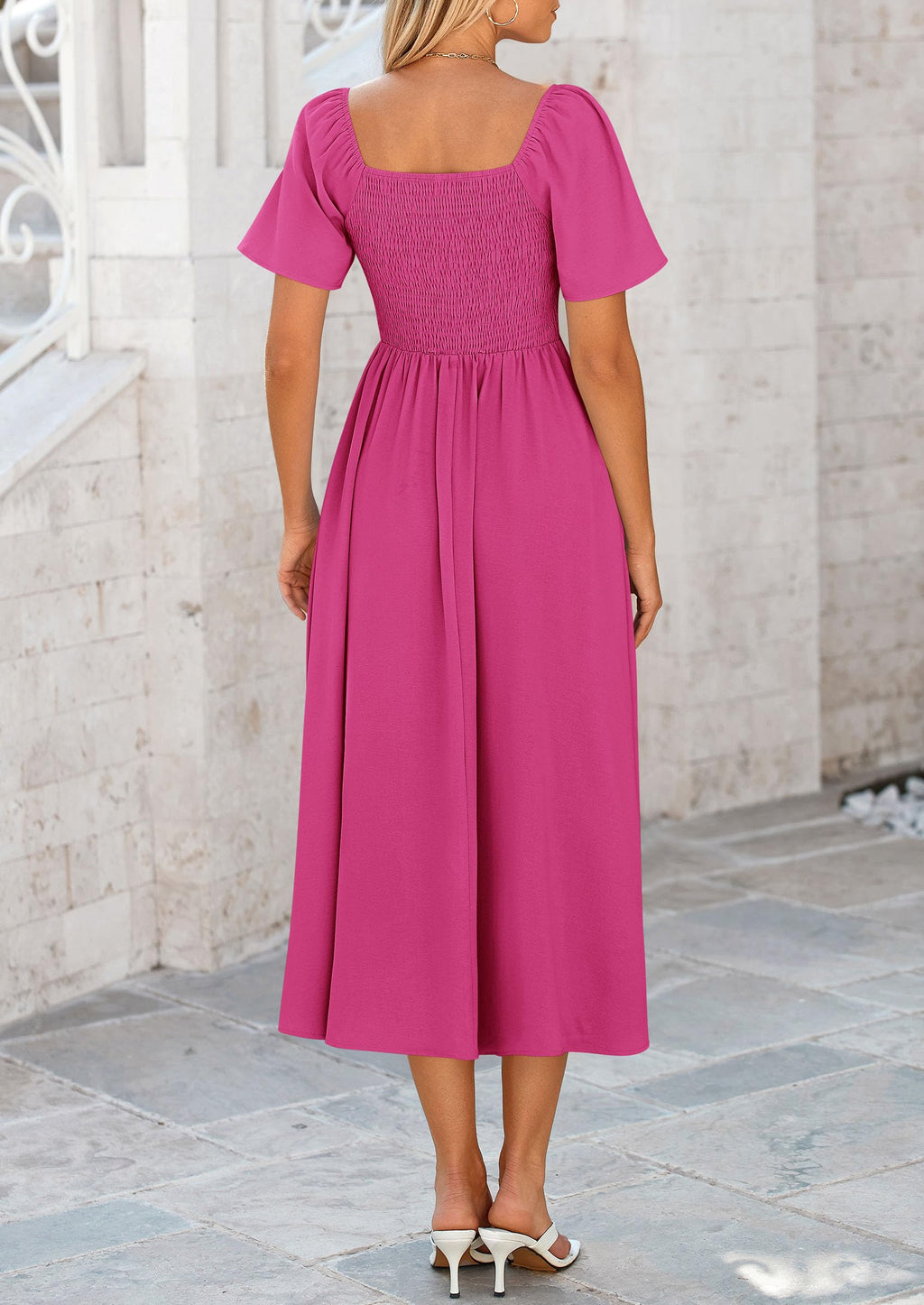 PRETTYGARDEN Summer Dress for Women Casual Short Sleeve Bow Tie V Neck Ruffle Midi Flowy Dresses