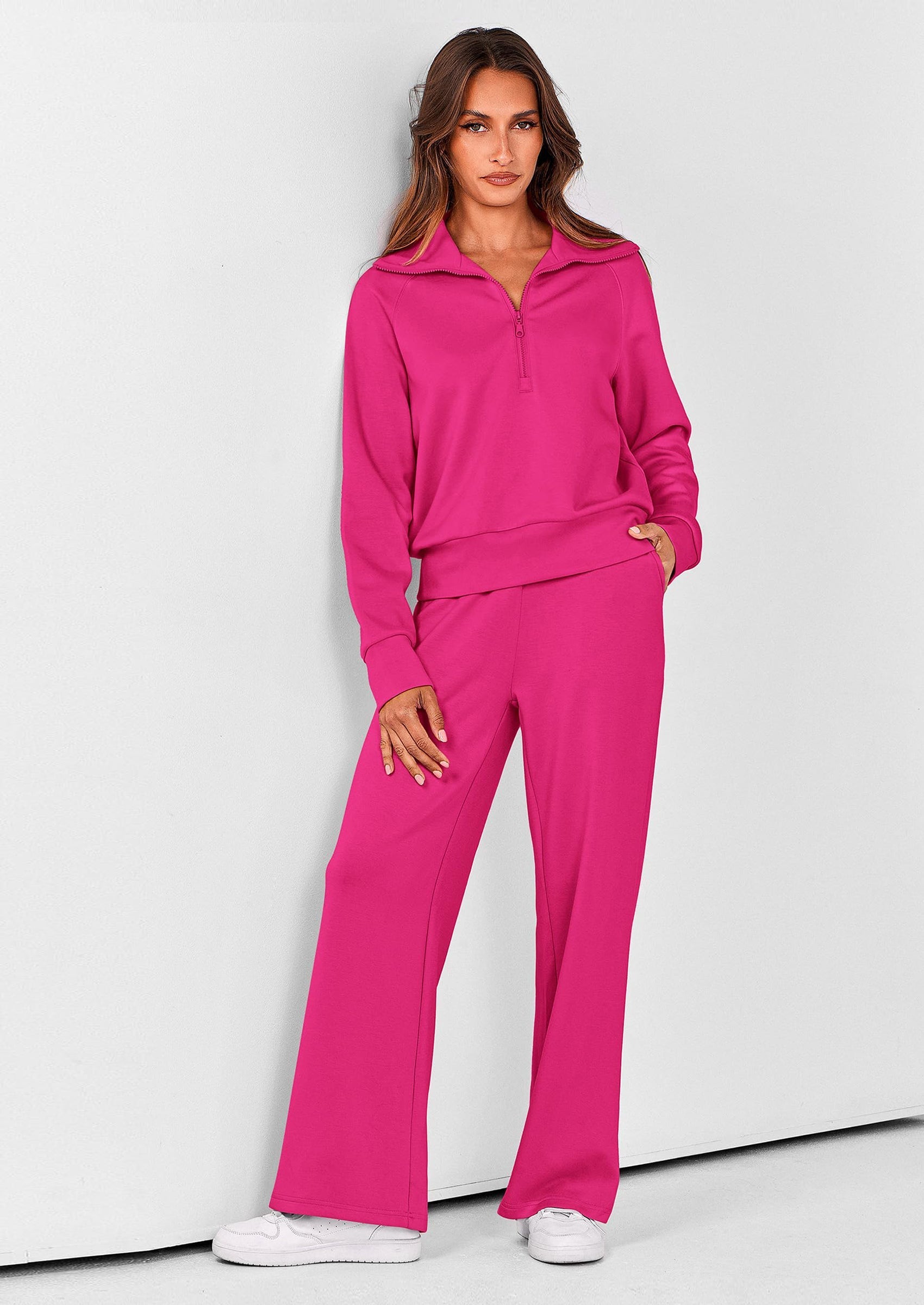 PRETTYGARDEN Women's 2 Piece Outfits Casual Lapel Half Zip Sweatshirts And Wide Leg Pants Tracksuit Sets