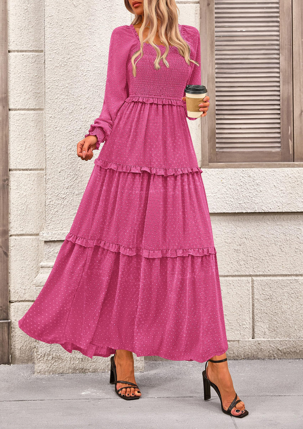 PRETTYGARDEN Women Fall Long Sleeve Smocked Maxi Dress Casual Square Neck Swiss Dot Tiered Ruffle Flowy Spring Pocket Dresses
