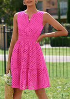 PRETTYGARDEN Women's Summer Dresses Sleeveless V Neck Eyelet Hollow Out Swing A Line Beach Vacation Sun Dress