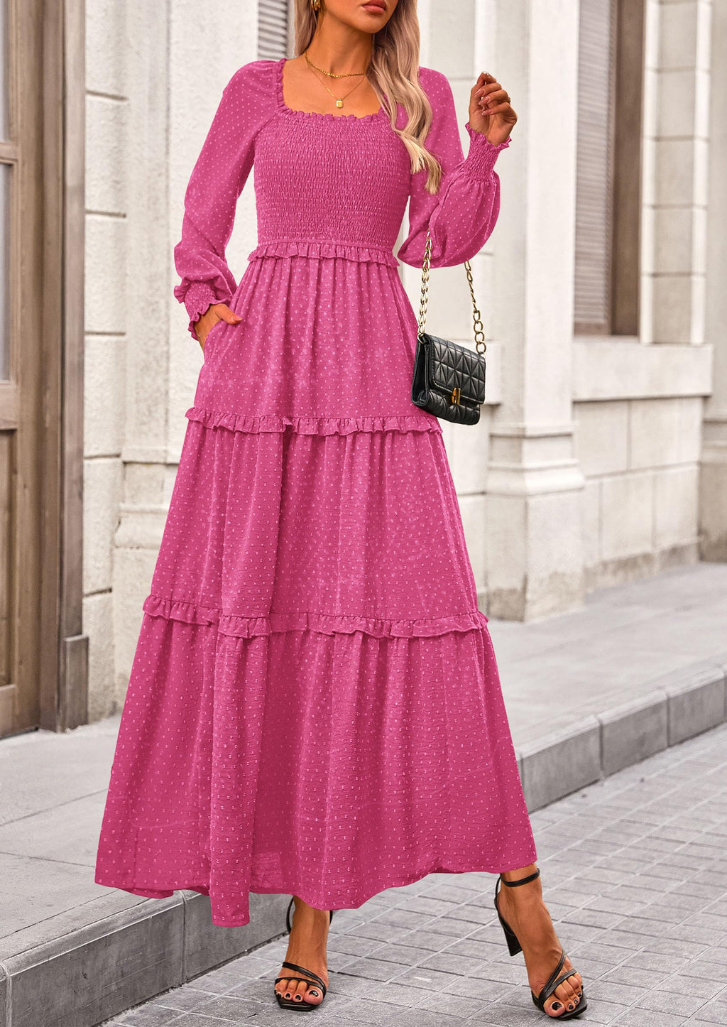 PRETTYGARDEN Women Fall Long Sleeve Smocked Maxi Dress Casual Square Neck Swiss Dot Tiered Ruffle Flowy Spring Pocket Dresses
