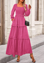 PRETTYGARDEN Women Fall Long Sleeve Smocked Maxi Dress Casual Square Neck Swiss Dot Tiered Ruffle Flowy Spring Pocket Dresses