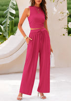 PRETTYGARDEN 2 Piece Sets Sleeveless Tank Ribbed Travel Vacation Lounge Wear Outfits
