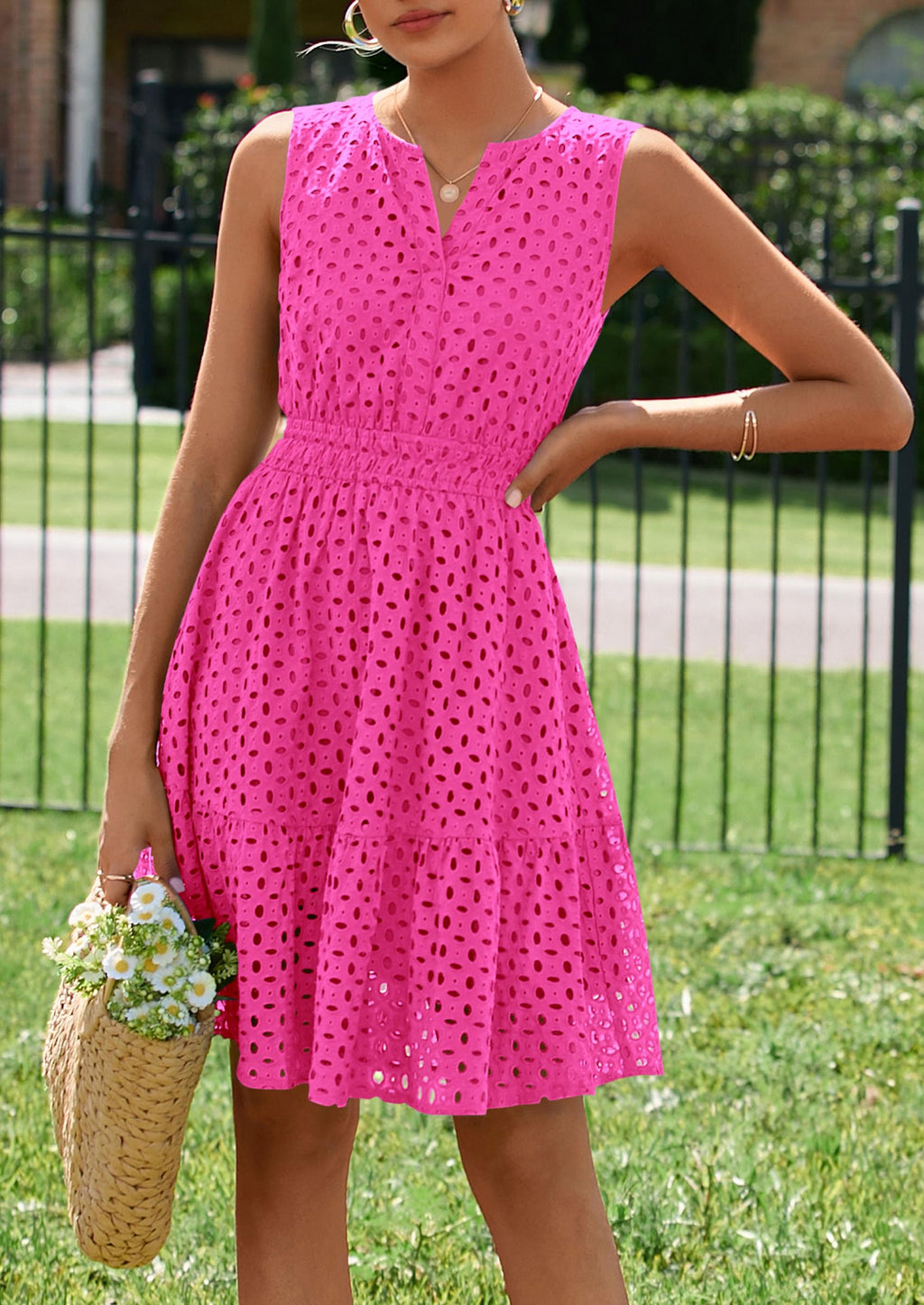PRETTYGARDEN Women's Summer Dresses Sleeveless V Neck Eyelet Hollow Out Swing A Line Beach Vacation Sun Dress