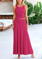 PRETTYGARDEN 2 Piece Maxi Skirt Sets Casual Knit Cropped Tank Top High Waisted Long Skirts Outfit