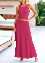 PRETTYGARDEN 2 Piece Maxi Skirt Sets Casual Knit Cropped Tank Top High Waisted Long Skirts Outfit