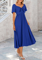 PRETTYGARDEN Summer Dress for Women Casual Short Sleeve Bow Tie V Neck Ruffle Midi Flowy Dresses