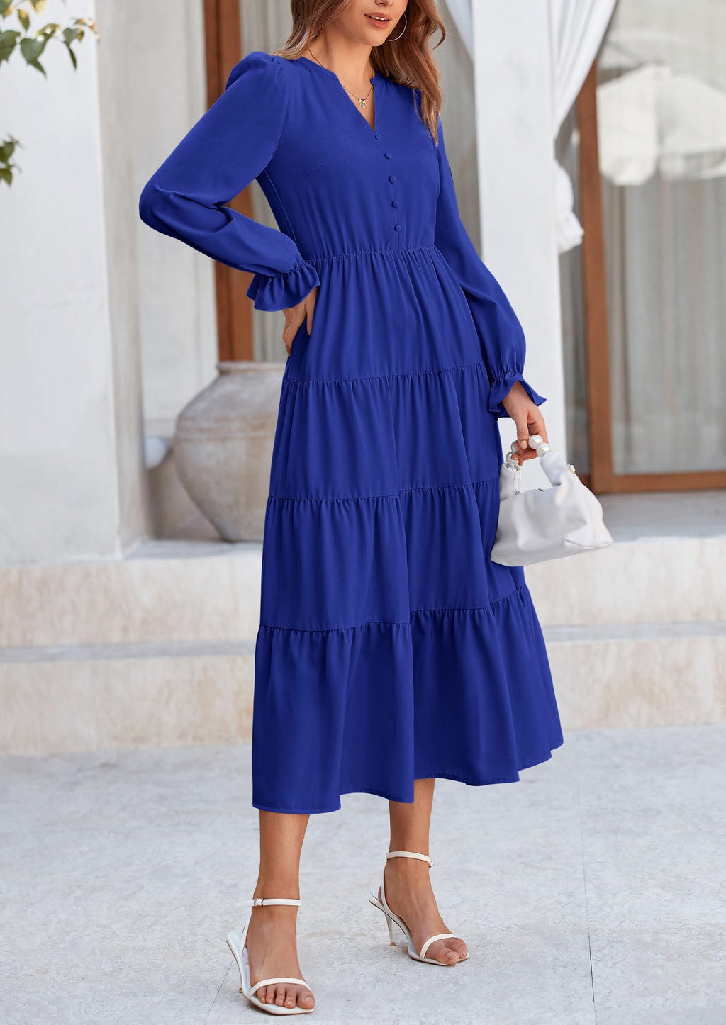 PRETTYGARDEN Women Fall Long Sleeve Smocked Maxi Dress Casual Square Neck Swiss Dot Tiered Ruffle Flowy Spring Pocket Dresses
