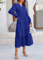 PRETTYGARDEN Women Fall Long Sleeve Smocked Maxi Dress Casual Square Neck Swiss Dot Tiered Ruffle Flowy Spring Pocket Dresses
