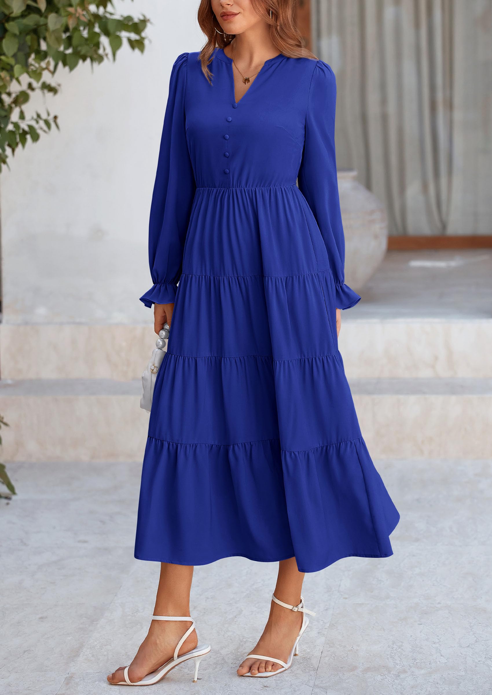 PRETTYGARDEN Women Fall Long Sleeve Smocked Maxi Dress Casual Square Neck Swiss Dot Tiered Ruffle Flowy Spring Pocket Dresses