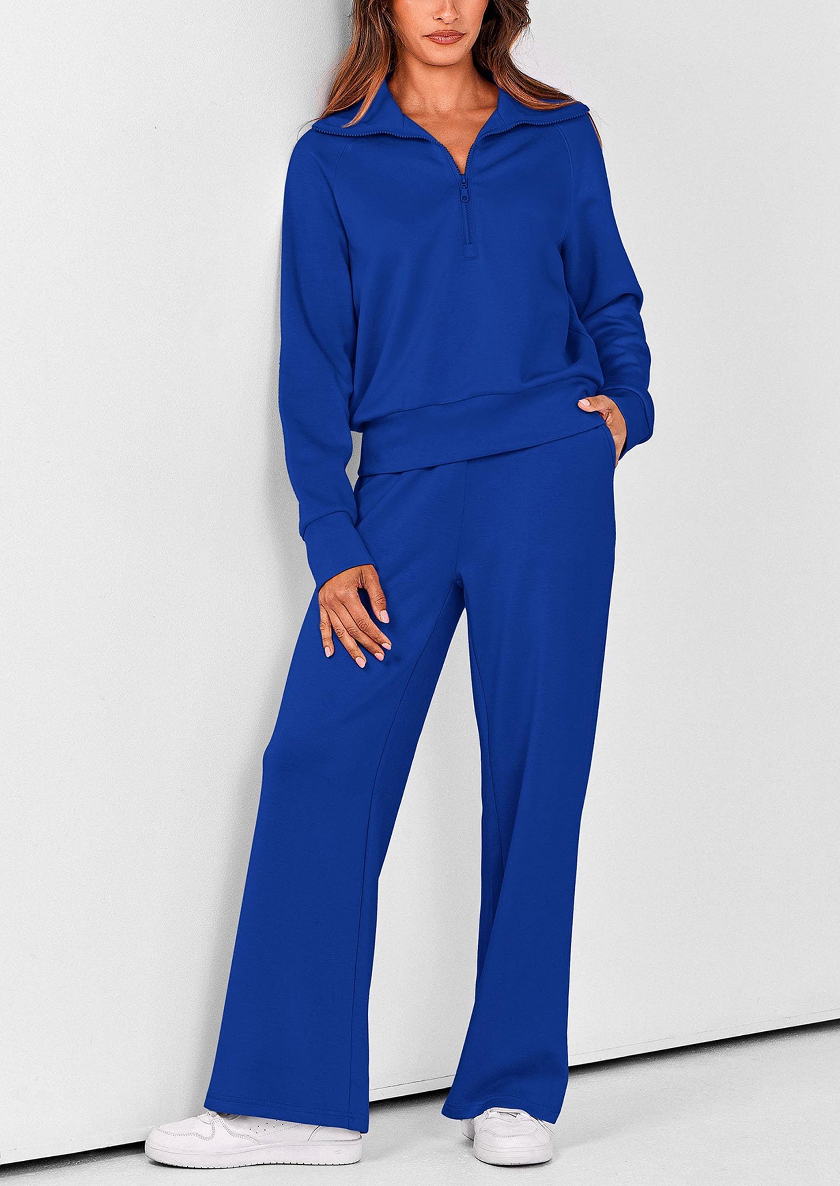PRETTYGARDEN Women's 2 Piece Outfits Casual Lapel Half Zip Sweatshirts And Wide Leg Pants Tracksuit Sets
