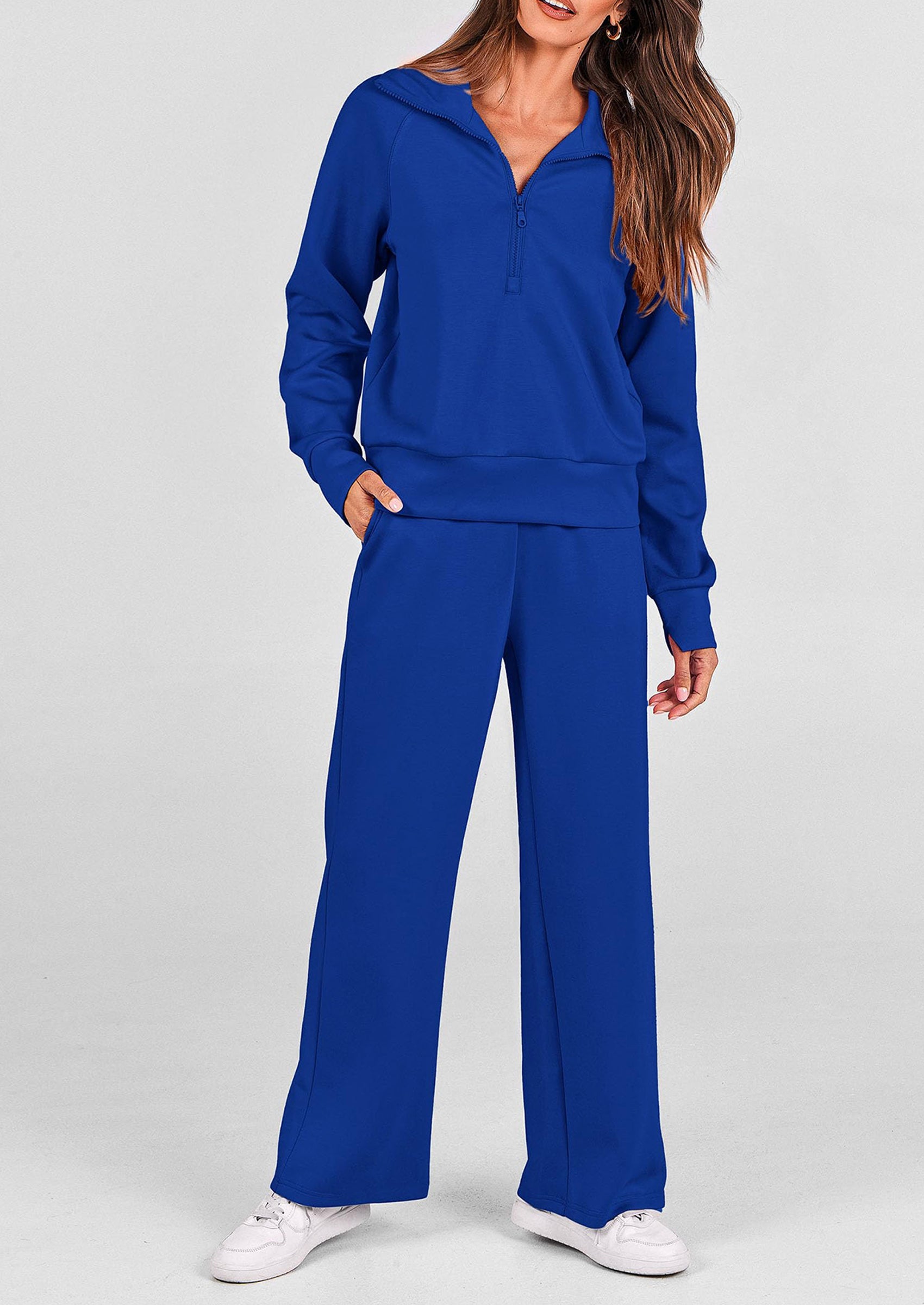 PRETTYGARDEN Women's 2 Piece Outfits Casual Lapel Half Zip Sweatshirts And Wide Leg Pants Tracksuit Sets