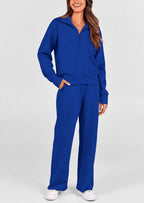 PRETTYGARDEN Women's 2 Piece Outfits Casual Lapel Half Zip Sweatshirts And Wide Leg Pants Tracksuit Sets