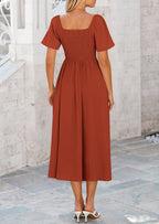 PRETTYGARDEN Summer Dress for Women Casual Short Sleeve Bow Tie V Neck Ruffle Midi Flowy Dresses
